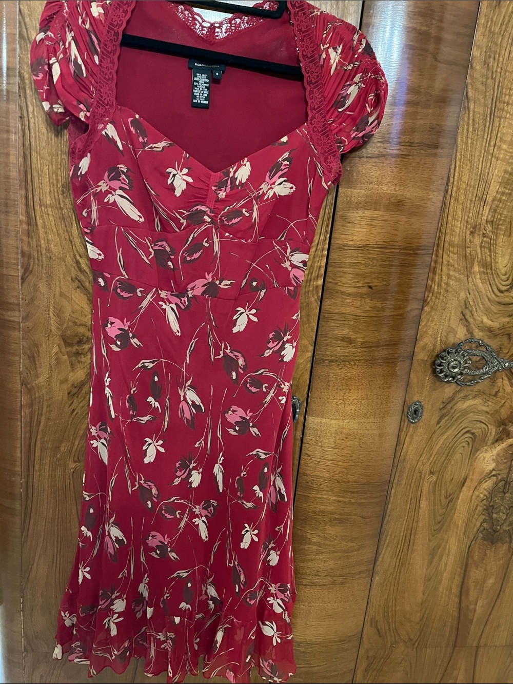 BCBGMaxAzria 100% Silk Red Floral Lace-Accent Midi Dress Size 6